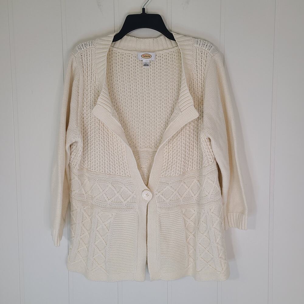 Talbots Cable Knit Cardigan Ivory Cream 3/4 Sleeve Lagenlook Fisherman Size L